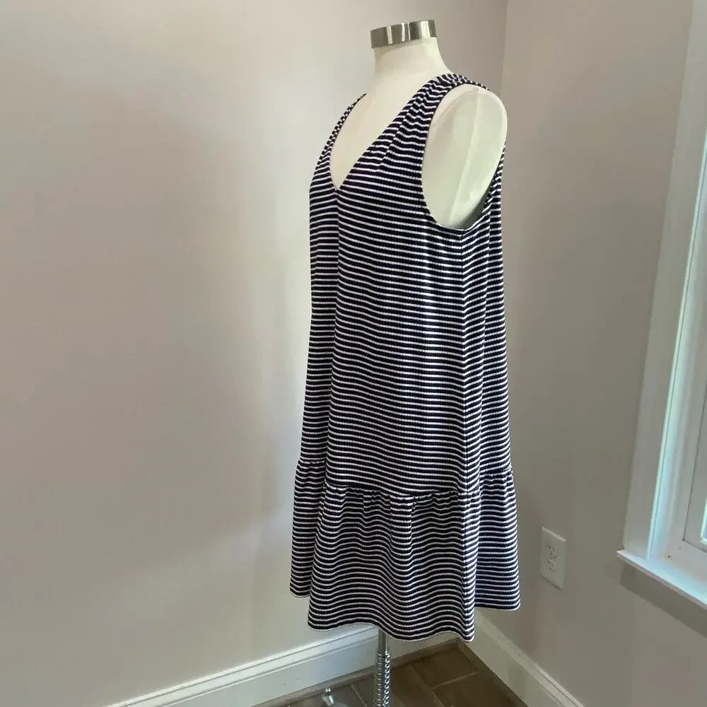 Loft Stripes Navy Blue & White Lightweight Double V Flounce Dress Sz Large - Picture 10 of 13